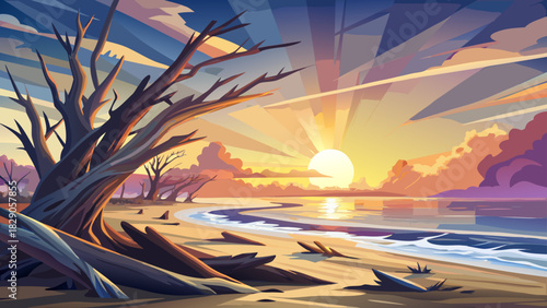 Very beautiful morning light shines across Driftwood Beach, illuminating weathered tree forms against calm waves and pastel sky, creating a peaceful and artistic coastal sunrise scene.