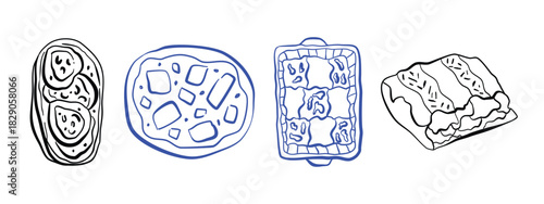 Lasagna, pizza, bruschetta and focaccia icons of Italian food in doodle style.