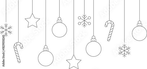 Minimal Hanging Christmas Ornaments Line Art Including Stars Snowflakes Baubles and Candy Canes Perfect for Holiday Decorations Background and Modern Festive Vector Illustrations