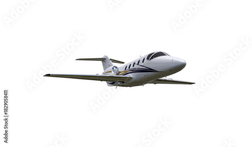 Sleek White Private Jet In Flight With Modern Blue Accents And Jet Engine Details