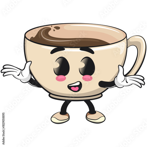 cute coffee cup mascot welcome with open hands, cartoon coffee mug vector illustration, work of hand drawn