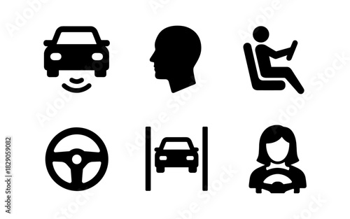 Silhouette icons of autonomous driving and vehicle safety features