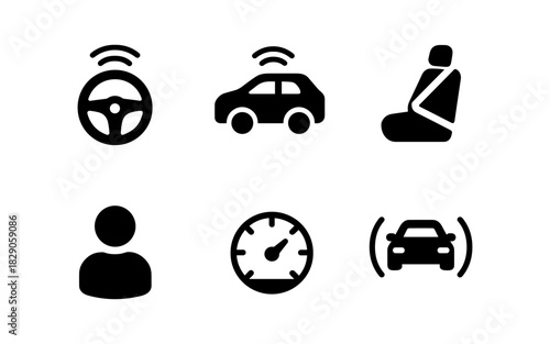 Essential icons for autonomous car technology and driver safety in minimalist style