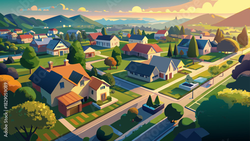 Very beautiful aerial view of a peaceful residential neighborhood in Boiling Springs showcases organized streets, rooftops, and green yards, forming a clean suburban layout under warm natural light.