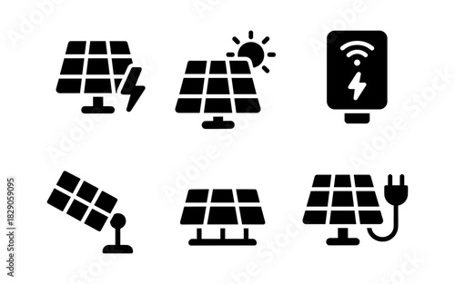 Renewable energy icons featuring solar panels and charging technology