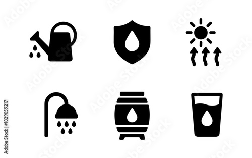 Silhouette icons of water conservation and usage for eco-friendly design