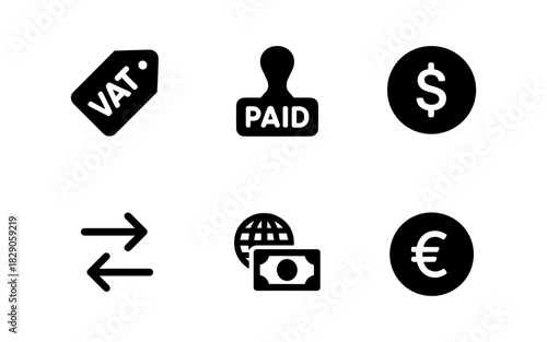 Monochrome financial and payment icons featuring vat, paid, and currency symbols
