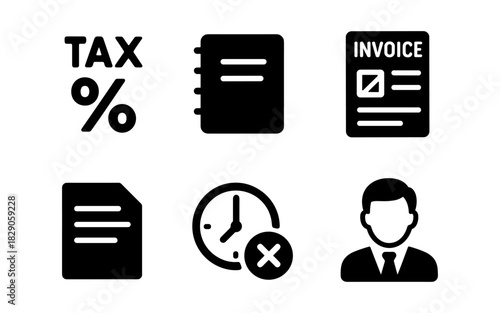 Business and finance icons: tax, invoice, document, time, person in black style