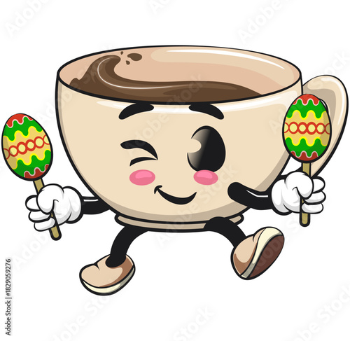 cute coffee cup mascot plays with maracas, cartoon coffee mug vector illustration, work of hand drawn