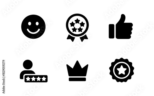 Black icon set of smiley face, medal, thumbs up, user rating, crown, and badge for ui design