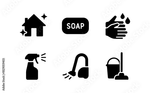 Cleaning icons set: housekeeping, hygiene, and tools in silhouette style