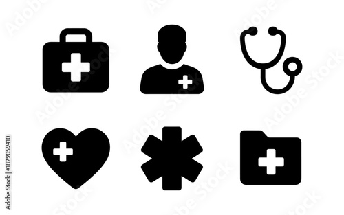 Medical icons set: healthcare symbols including doctor, first aid kit, stethoscope, heart, and medical file