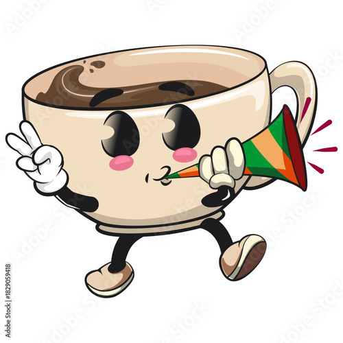 cute coffee cup mascot blow the party horn trumpet, cartoon coffee mug vector illustration, work of hand drawn
