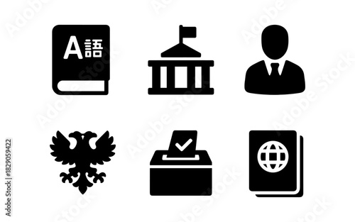 Icon set representing language, government, and voting symbols in bold silhouette style