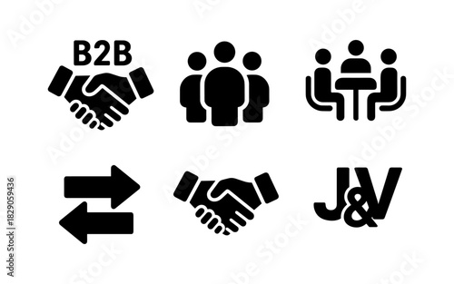 Business partnership icons set: handshake, team meeting, and collaboration symbols