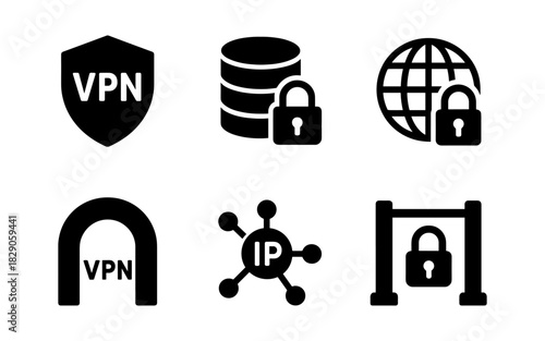 Cybersecurity icons set: vpn, database, global network security, and protection symbols
