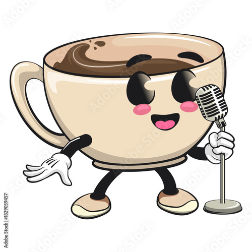 cute coffee cup mascot on front of the mic, cartoon coffee mug vector illustration, work of hand drawn
