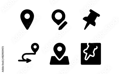 Minimalist location icon set with pins and navigation elements