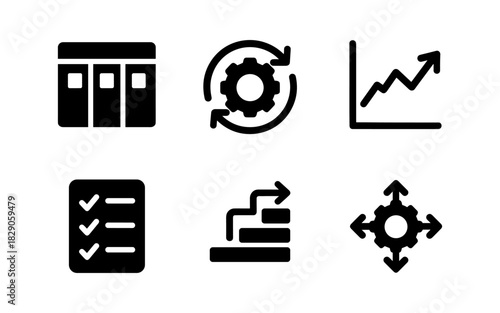 Business process management icons: growth, checklist, workflow, and optimization