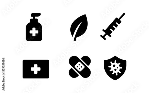 Minimalist healthcare icons: syringe, leaf, bandage, shield, soap, and medical kit symbols