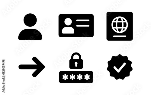 User authentication icons: profile, id, passport, login, lock, verification