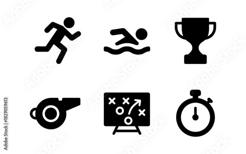 Sports icons set: swimming, running, strategy, trophy, whistle, stopwatch