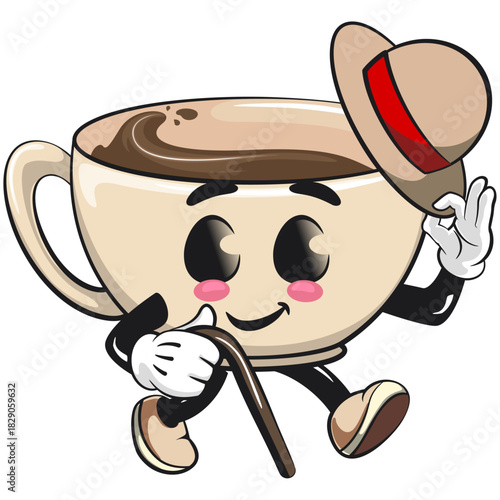 cute coffee cup mascot walk with a stick and saluting with raised hat, cartoon coffee mug vector illustration, work of hand drawn