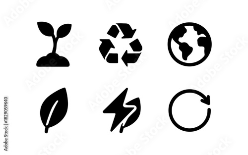 Eco-friendly icons featuring recycling, energy, and nature symbols for sustainability design