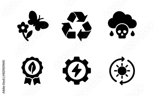 Eco-friendly icons set featuring nature, recycle, and sustainability symbols