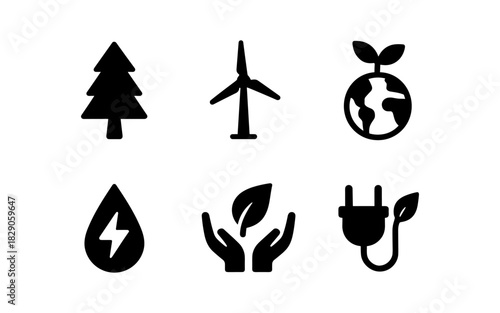 Eco icons: sustainability, renewable energy, and nature conservation