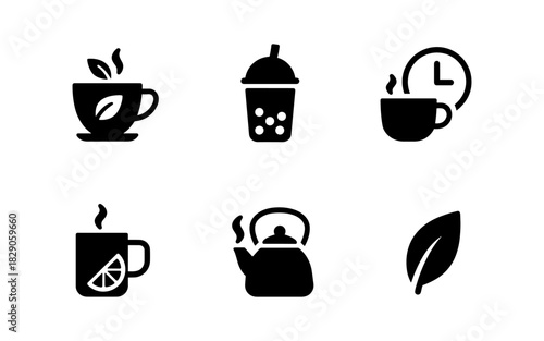 Minimalist beverage icons featuring tea, coffee, and bubble tea