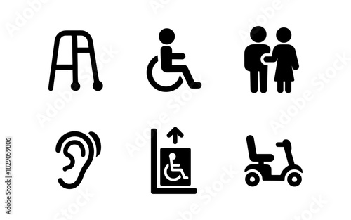 Accessibility symbols set: mobility, hearing, and support icons for inclusive design