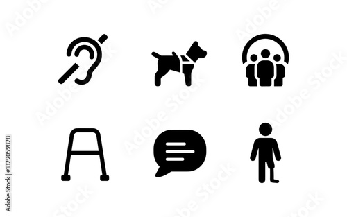 Inclusive accessibility icons: hearing, service dog, walker, communication, and community