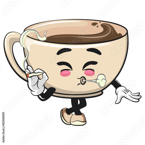 cute coffee cup mascot smoke calmly, cartoon coffee mug vector illustration, work of hand drawn