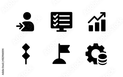 Business icon set: growth, progress, and analysis elements in solid style