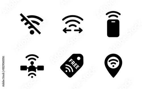 Wifi icon set: connectivity and signal symbols in black silhouette