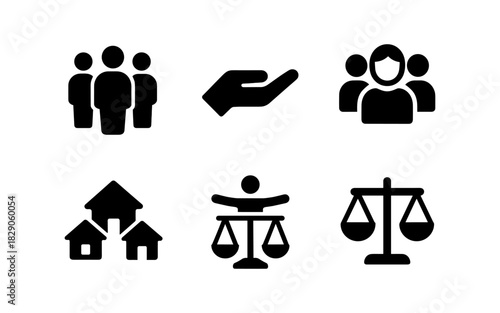 Silhouette icons of community, protection, and justice themes