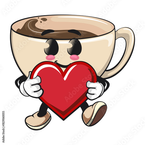 cute coffee cup mascot hold the heart with love, cartoon coffee mug vector illustration, work of hand drawn