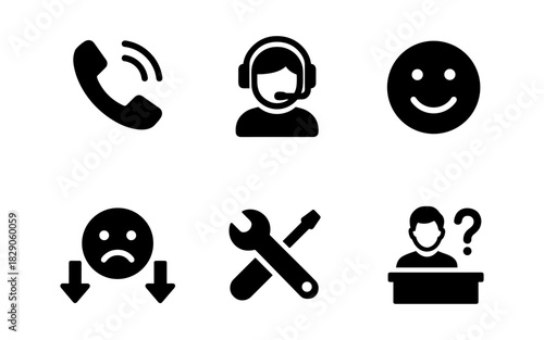 Communication icons set: phone, support, emotions, tools, and help desk symbols