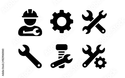 Industrial tools set with gear and worker icon silhouettes