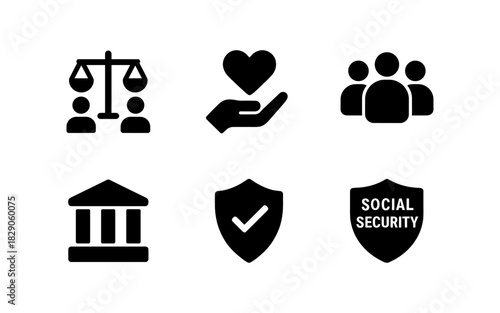 Law, charity, community, government, protection, social security icons set