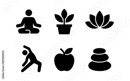 Wellness icons: meditation, yoga, nature, and health symbols in bold silhouette design