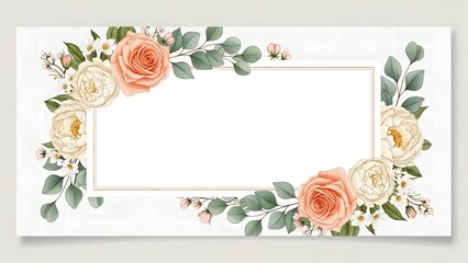 Floral frame with peach roses white peonies and green eucalyptus leaves on a white background design