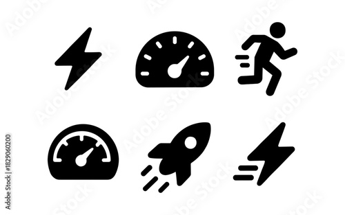 Set of black energy and speed icons in minimalist flat design