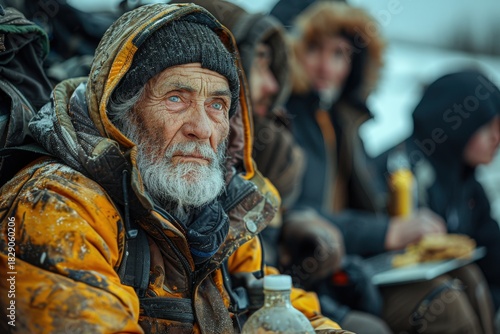 Wallpaper Mural A bearded man with a full beard and mustache sits amongst a group of people dressed in heavy winter clothing, suggesting a cold environment and perhaps a festive occasion. Torontodigital.ca