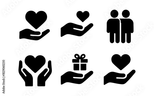 Minimalist black silhouette icons of hands holding heart and gift symbols in unity and care