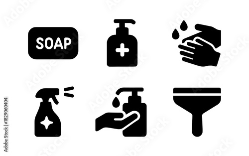 Hand hygiene icon set: soap dispenser and cleaning symbols for sanitation awareness