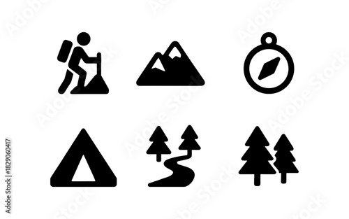 Adventure icons set: minimalist hiking, camping, and navigation symbols