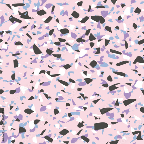 Geometric terrazzo seamless pattern. Abstract colourful modern background. Stone fashion design for web and print. Venetian tile, flooring home decor. Chaotic pastel texture.