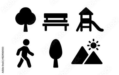 Outdoor recreation icons: park bench, tree, playground, and nature silhouettes